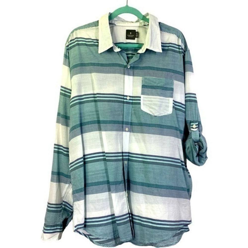 HAWKINGS MCGILL Teal & White Stripe Cotton Button Down‎ Shirt